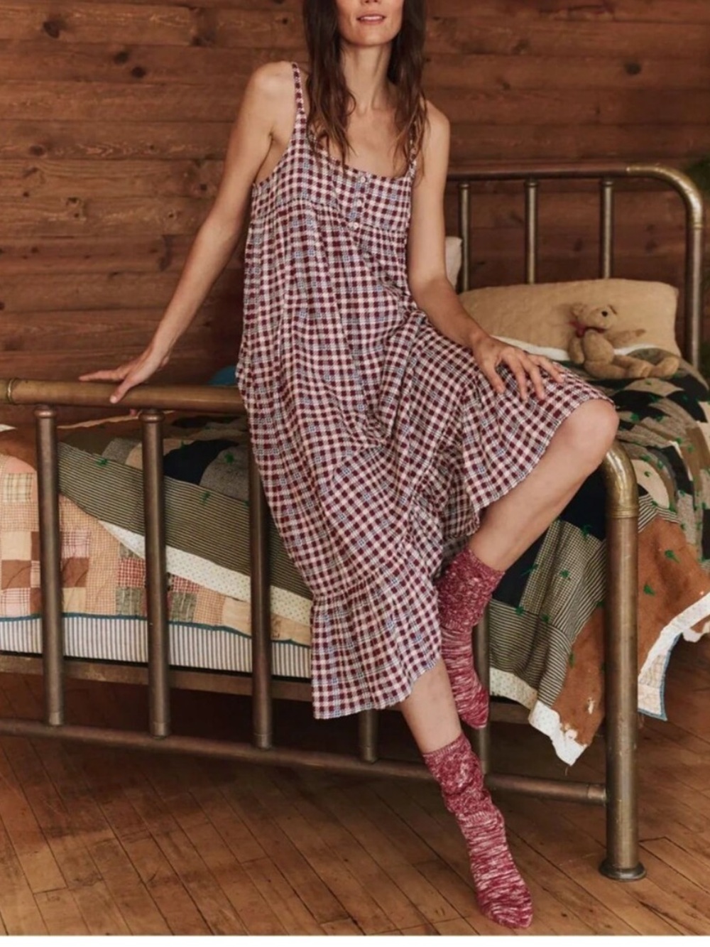 The Great. Dress Ruffle Tank Midi in Bordeaux Red Plaid